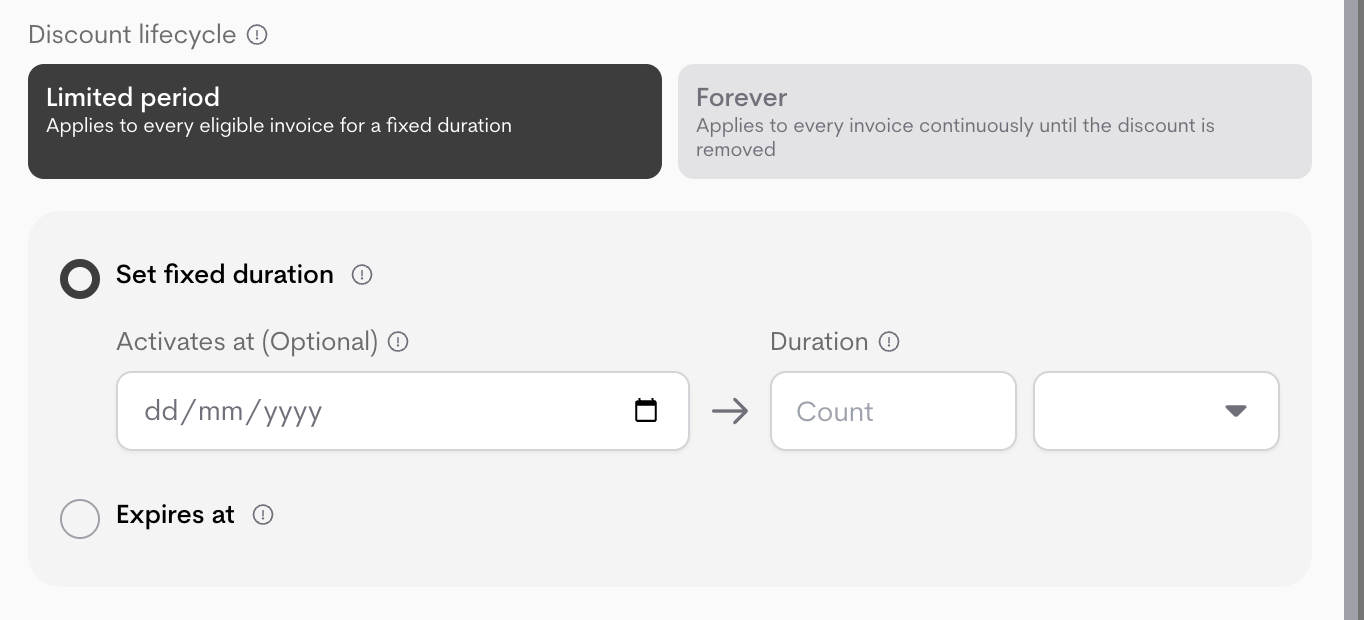 Discount lifecycle fixed duration Discount lifecycle fixed duration