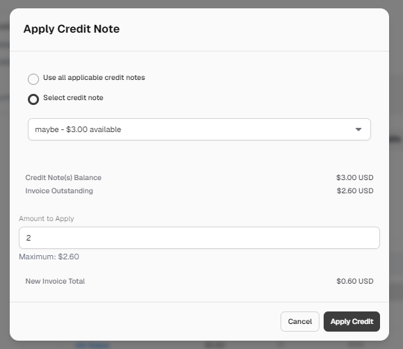 Select a credit note to apply