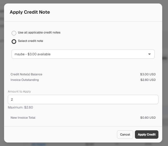 Select a credit note to apply Select a credit note to apply