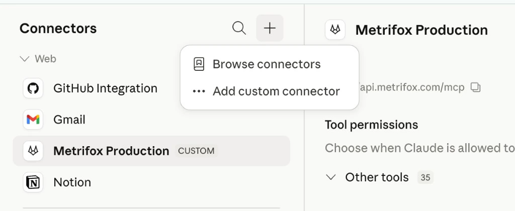 Add a custom MCP connector from Connectors Claude Connectors sidebar: plus menu open with Add custom connector highlighted