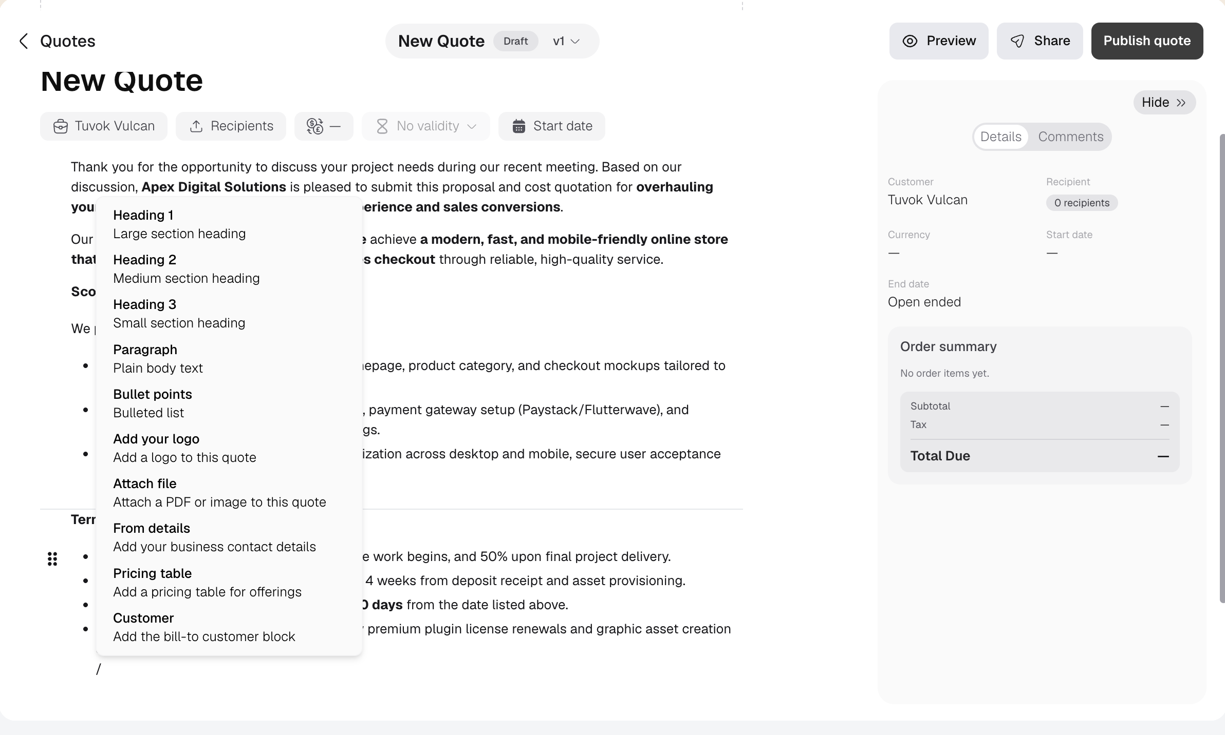 Quote editor slash command menu