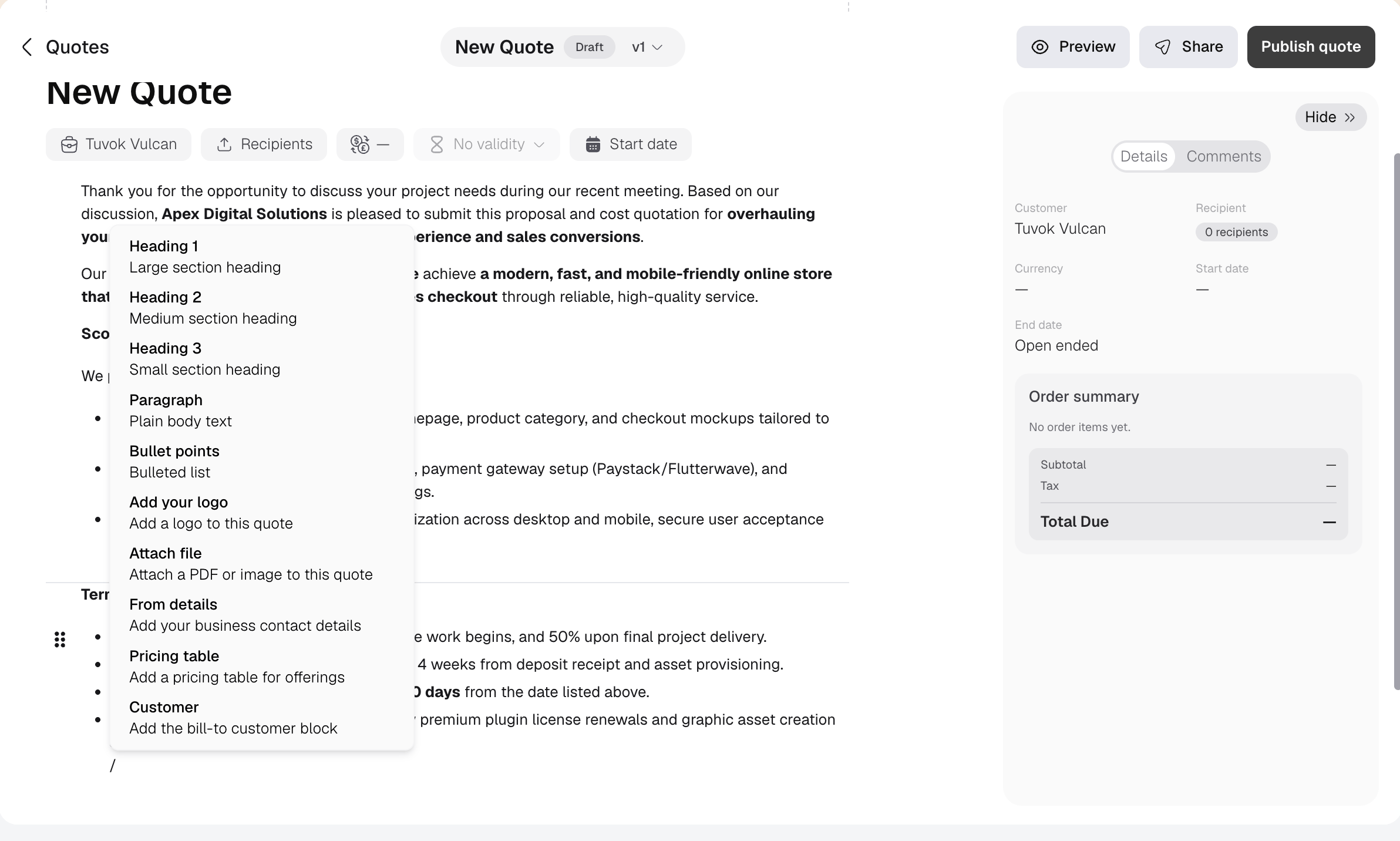 Quote editor slash command menu