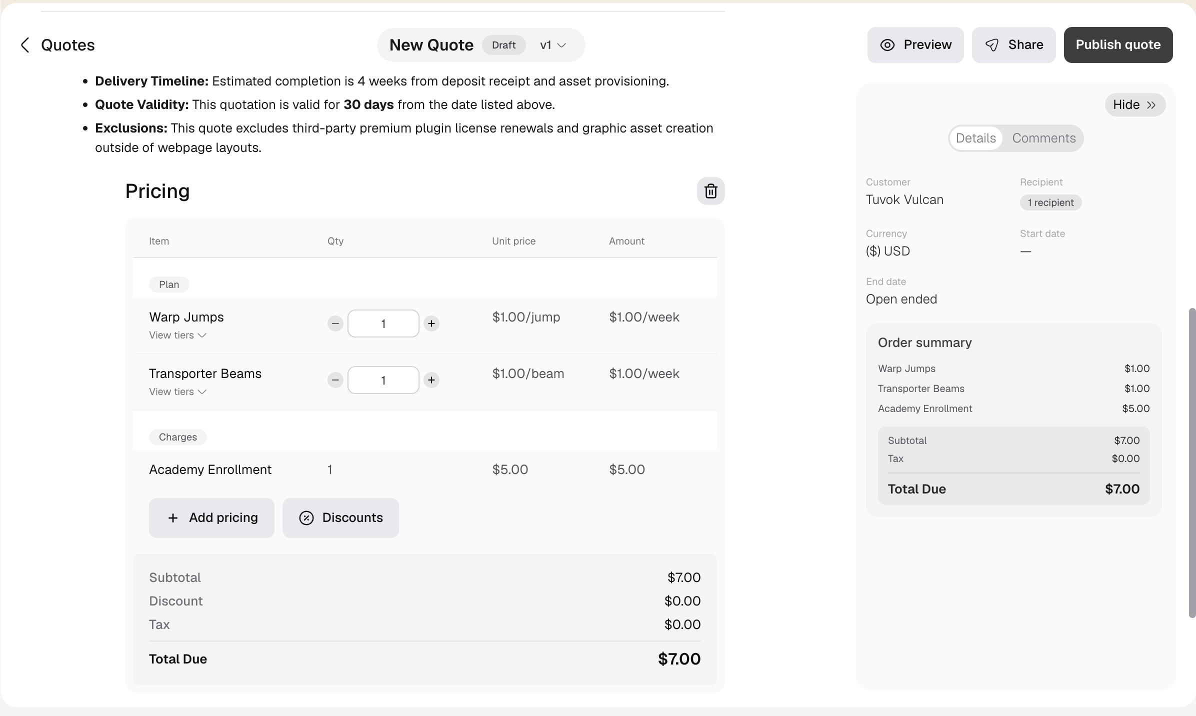 Quote pricing table and order summary