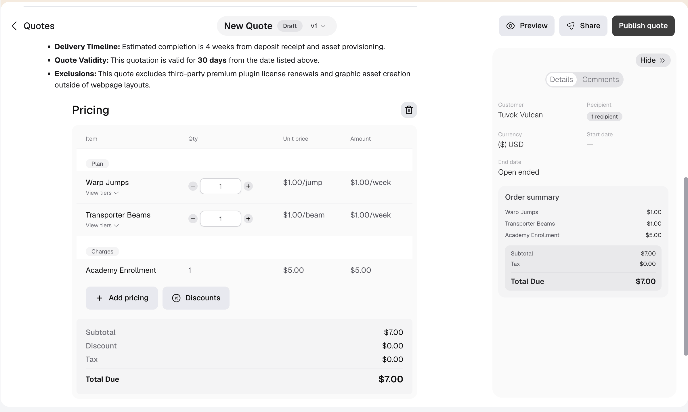 Quote pricing table and order summary