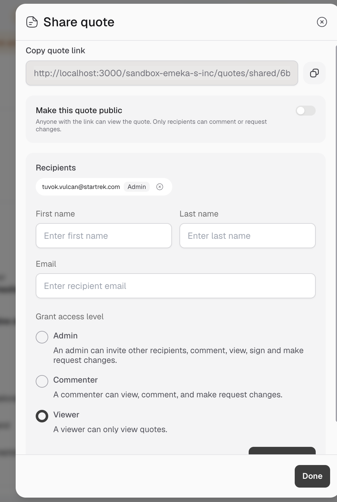 Share quote window with link, access, and recipient settings