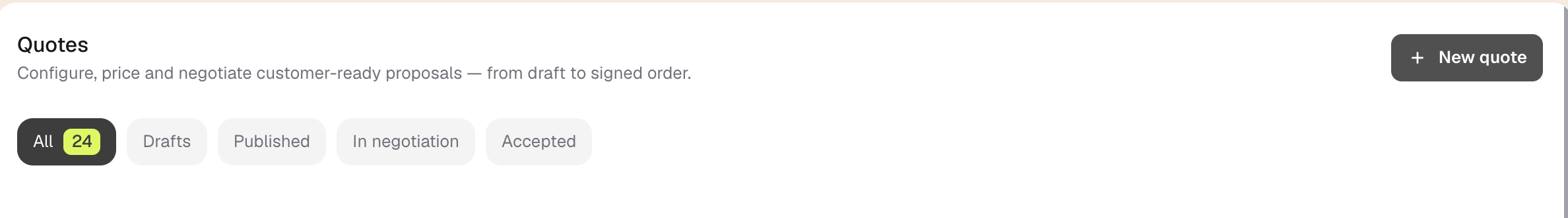 Quotes page showing the New quote button and draft filter