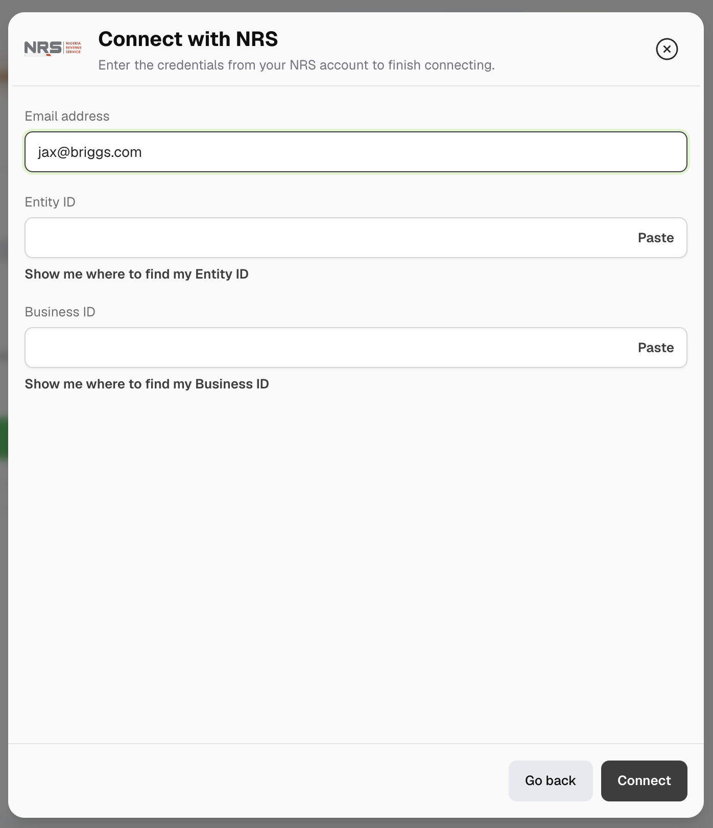 Entering the NRS connection details in Metrifox