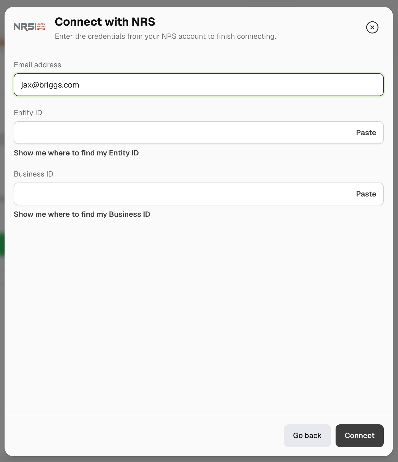 Entering the NRS connection details in Metrifox