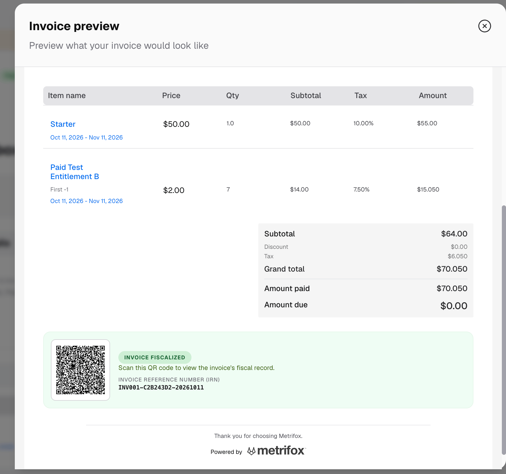 Fiscalized invoice with its IRN and QR code
