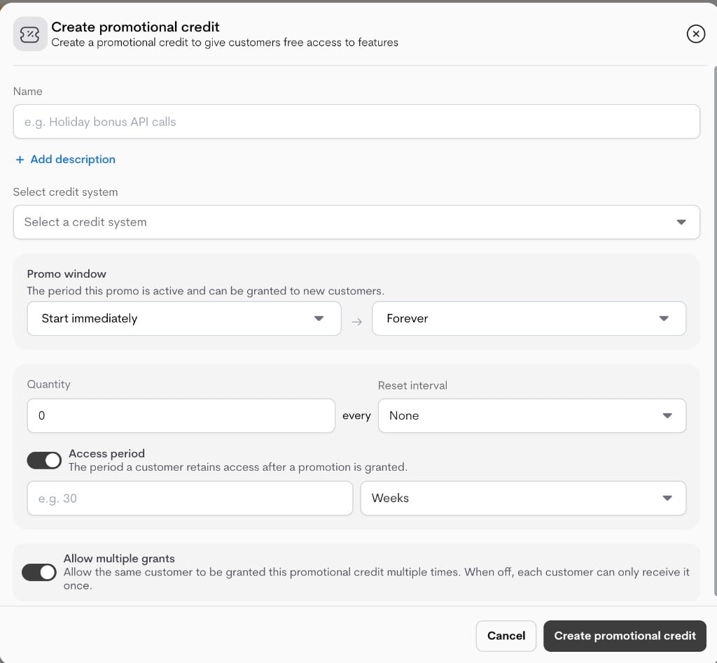 Create promotional credit modal Create promotional credit modal