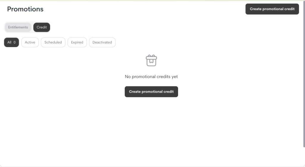 Promotional credit list page Promotional credit list page