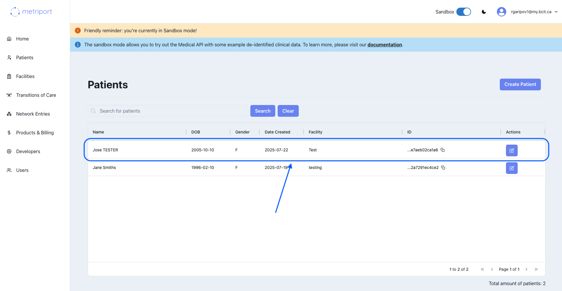 Patients list with one patient selected