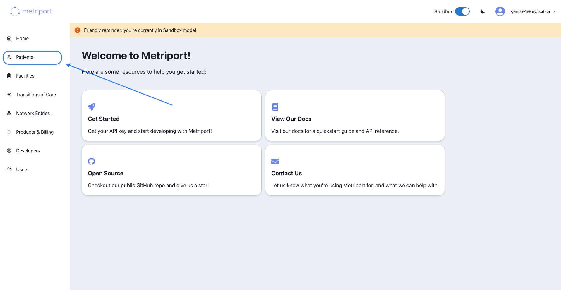Dashboard view showing the Patients menu