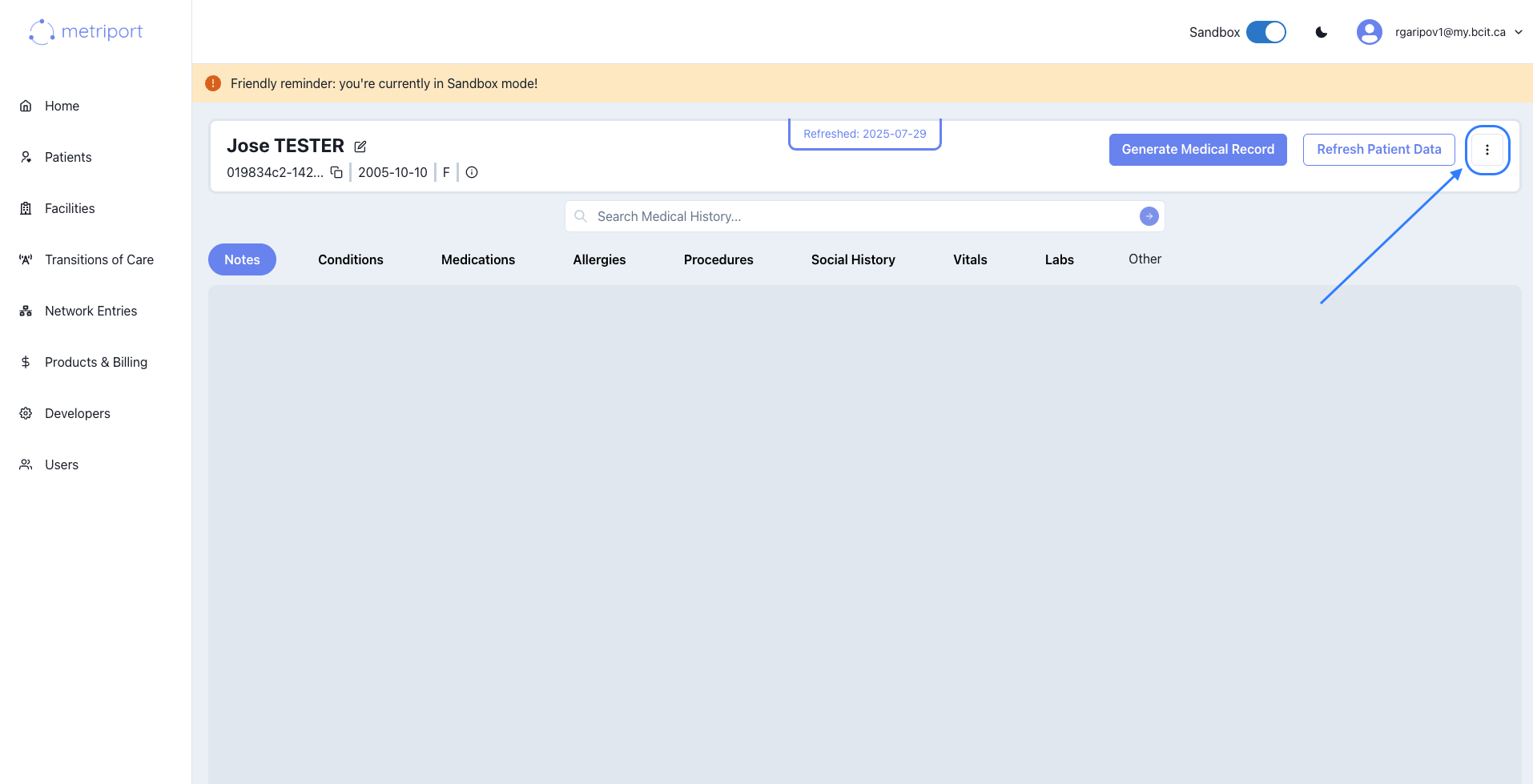 Patient details page with actions menu icon highlighted
