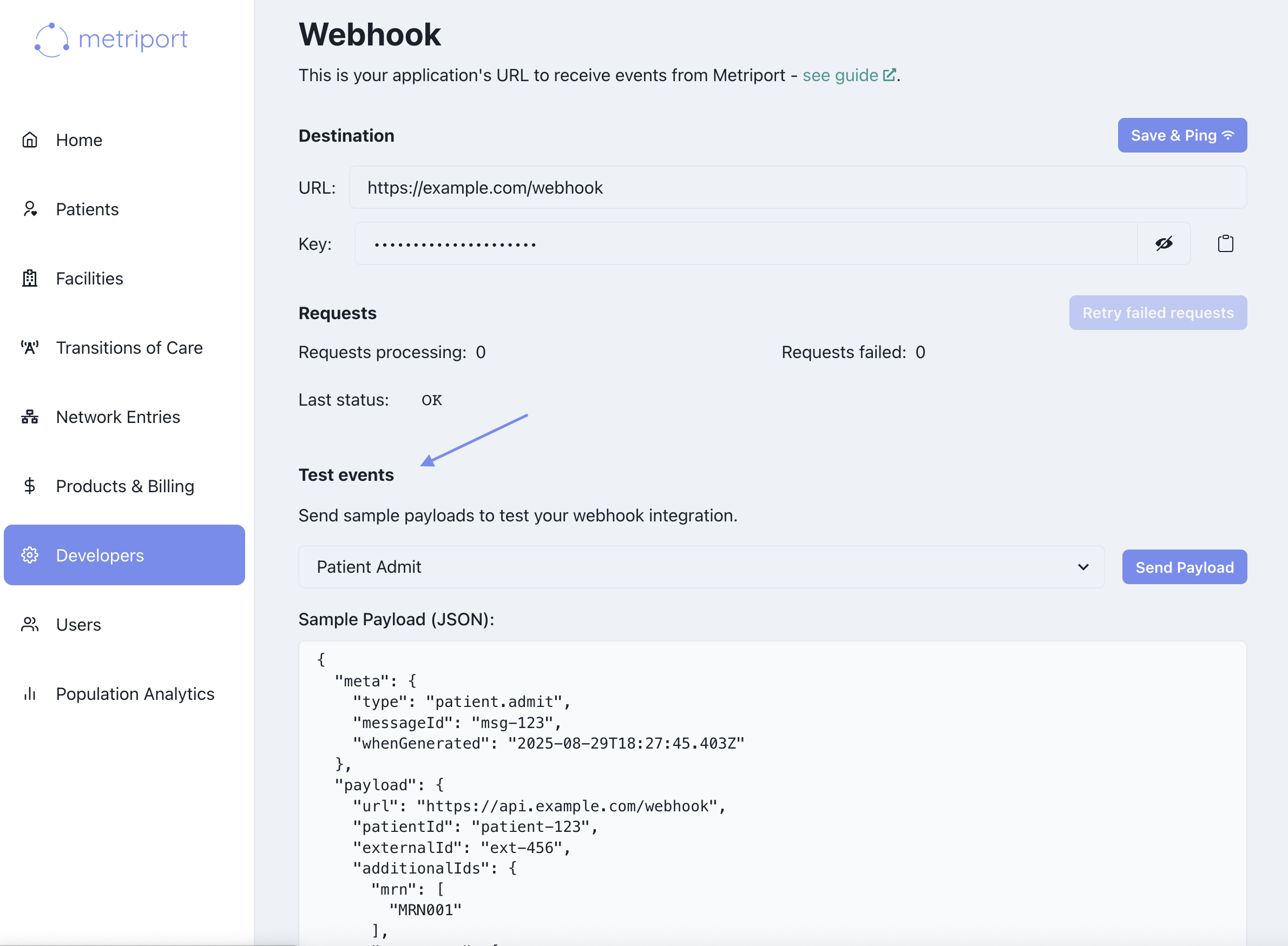 Dashboard Webhooks Test events UI showing patient notification types and send button