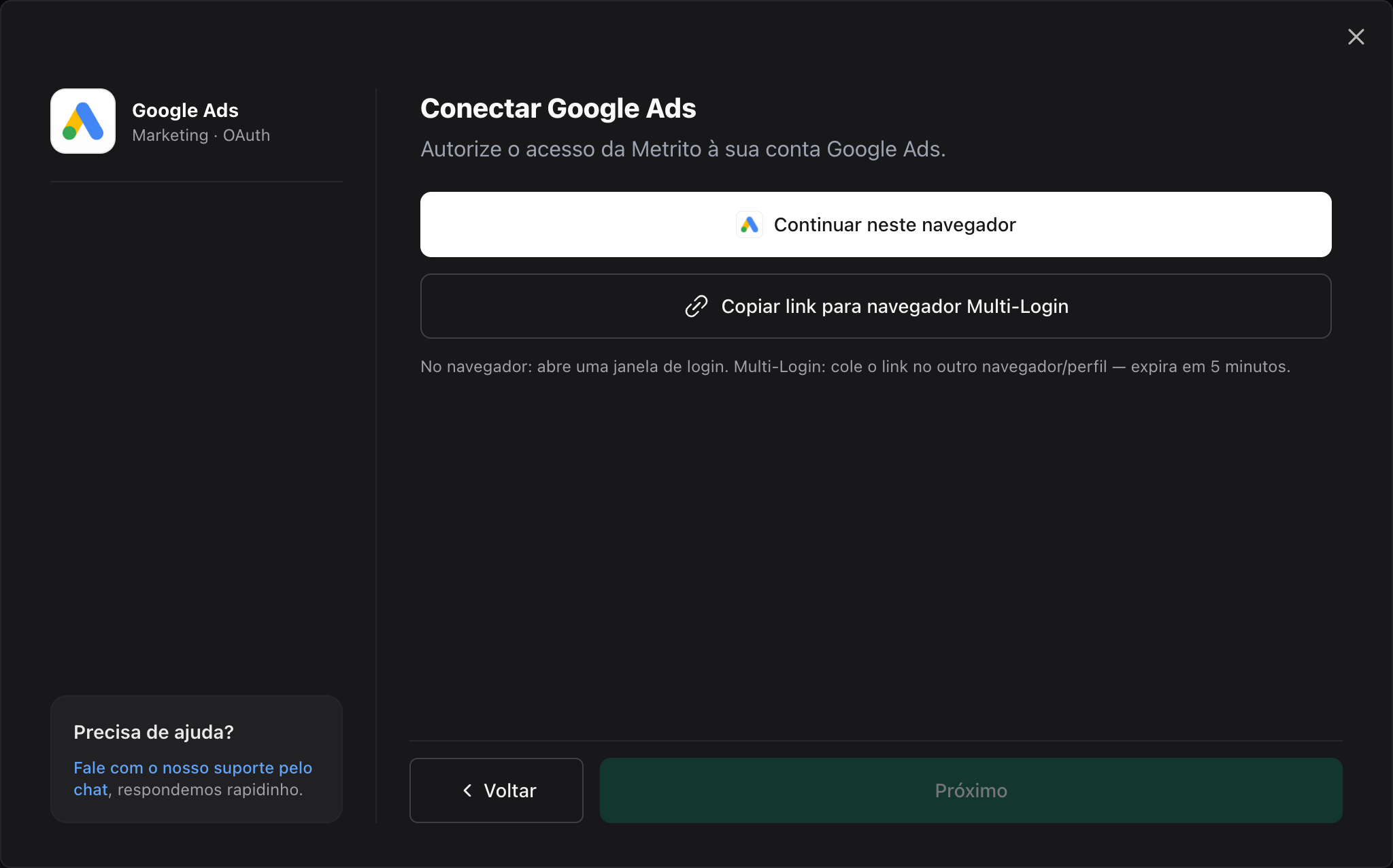 Tela Conectar Google Ads em Adicionar Integração, com o botão Continuar neste navegador