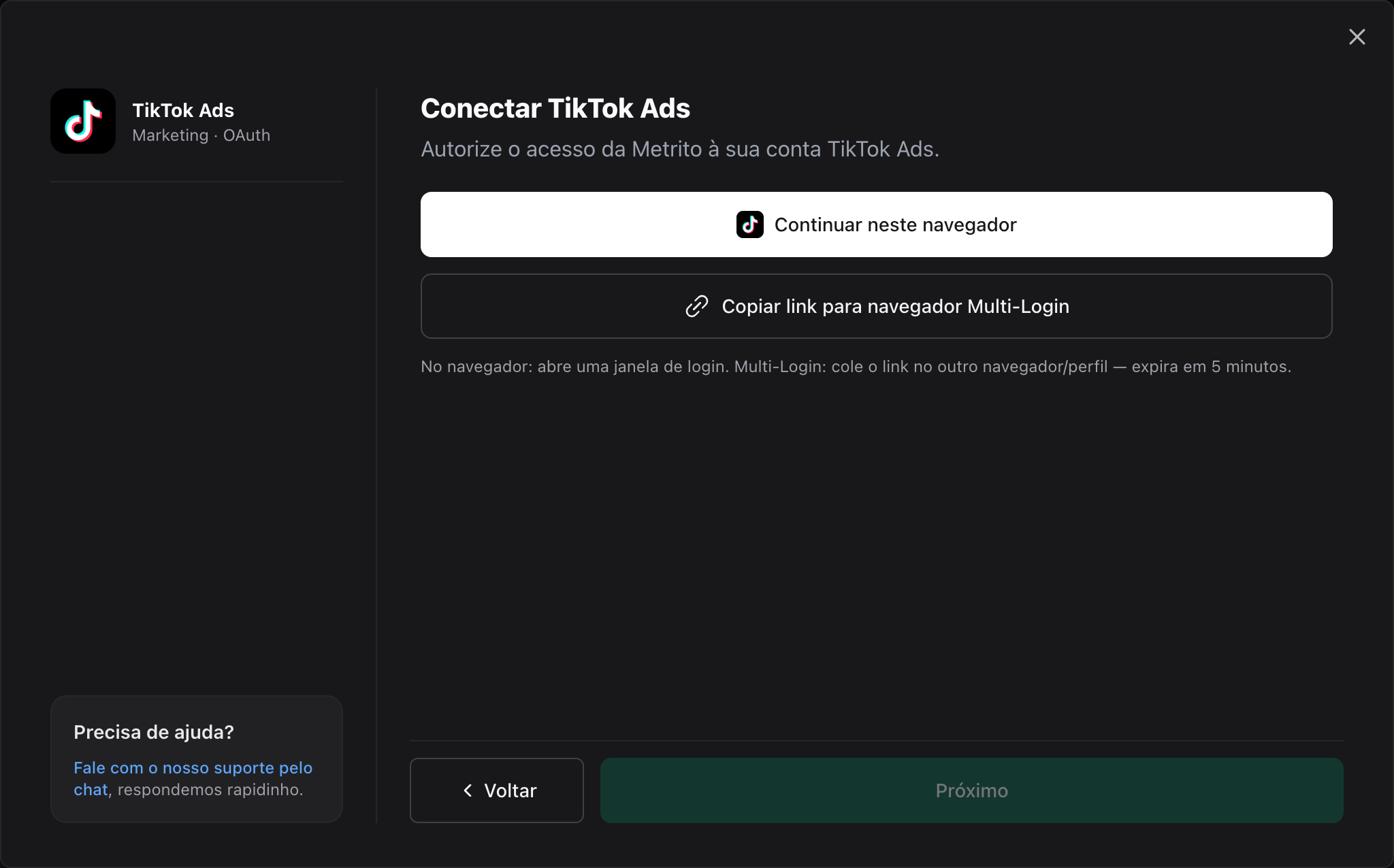 Tela Conectar TikTok Ads em Adicionar Integração, com o botão Continuar neste navegador