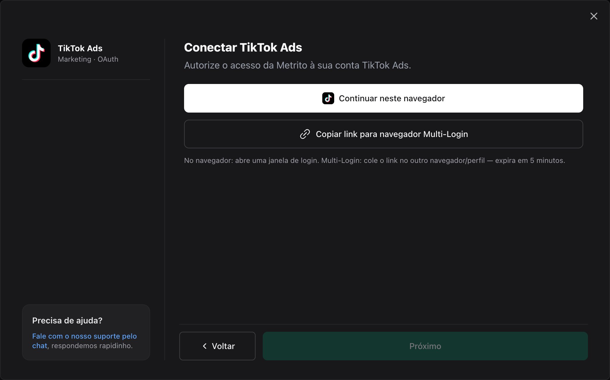 Tela Conectar TikTok Ads em Adicionar Integração, com o botão Continuar neste navegador