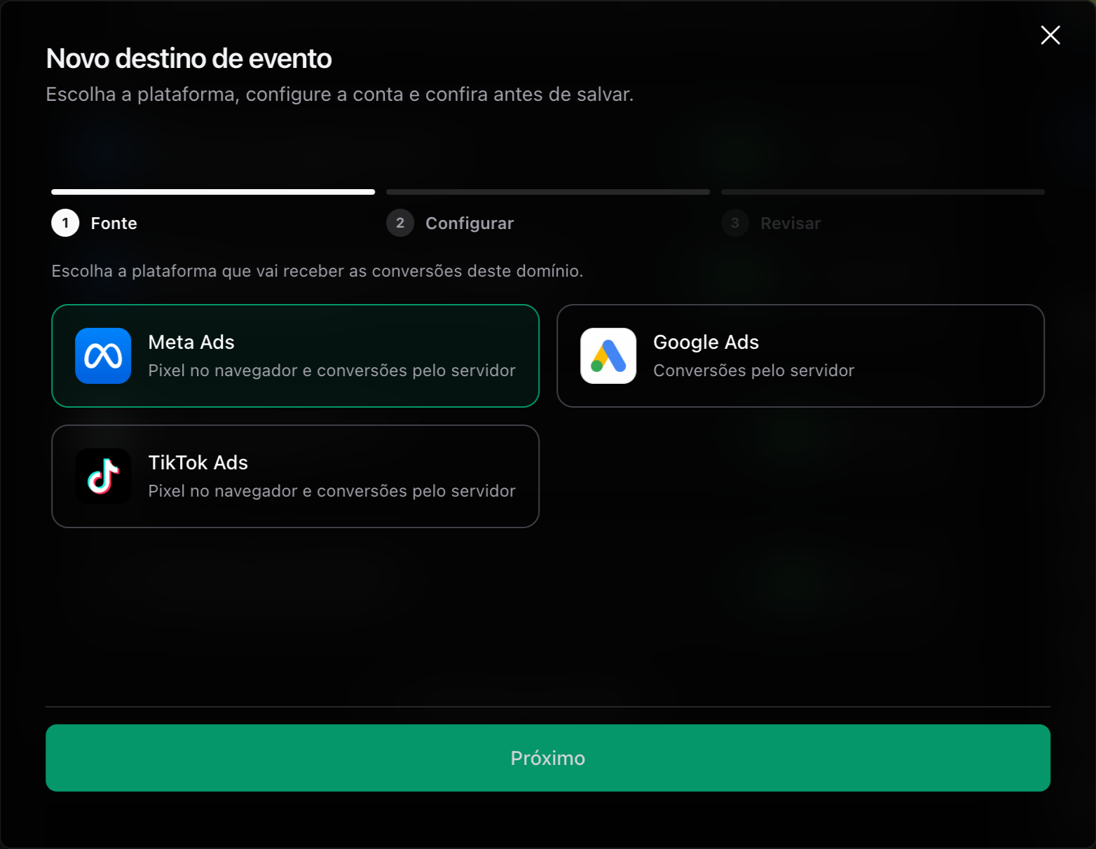 Assistente Novo destino de evento, passo Fonte, com Meta Ads selecionado