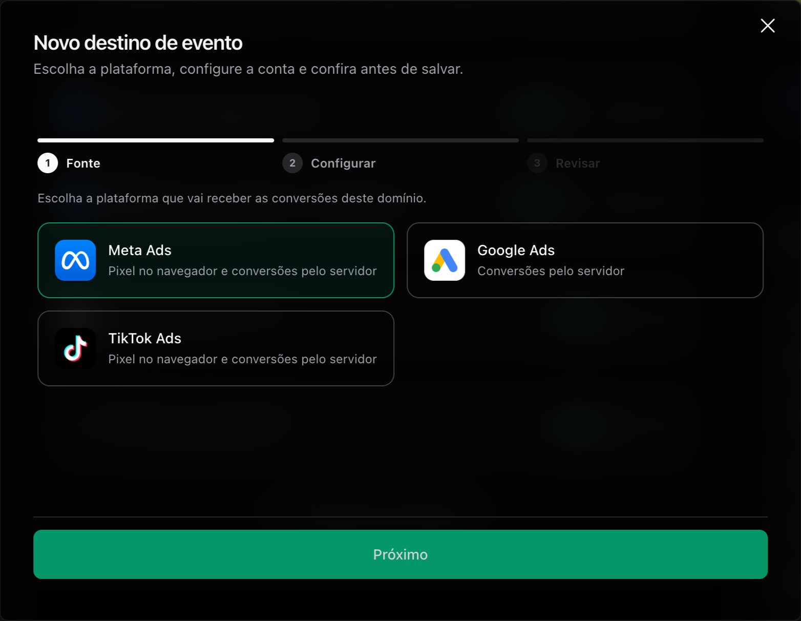 Assistente Novo destino de evento, passo Fonte, com Meta Ads selecionado