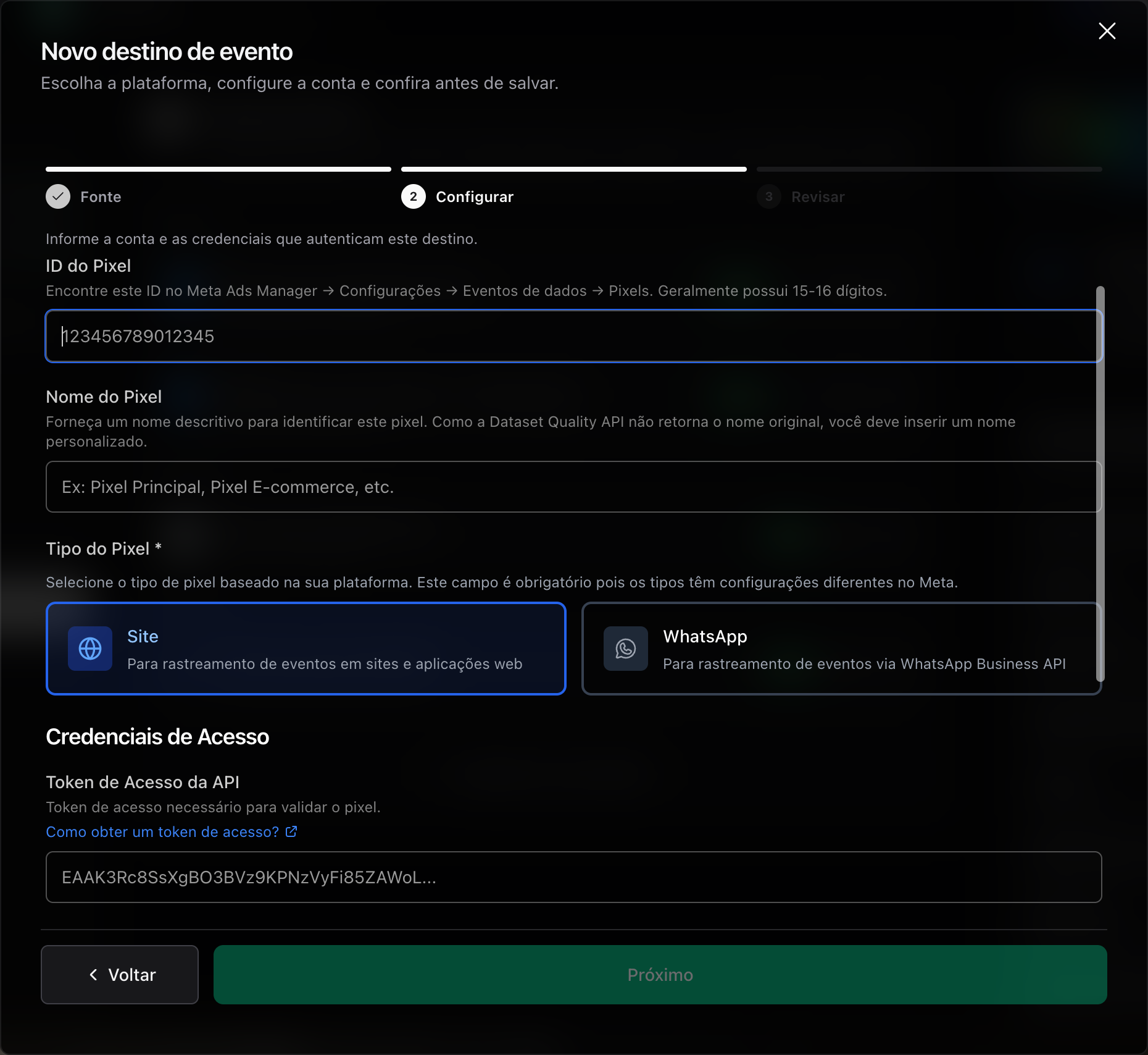 Passo Configurar do destino Meta com ID do Pixel, Nome do Pixel, Tipo do Pixel e Token de Acesso da API