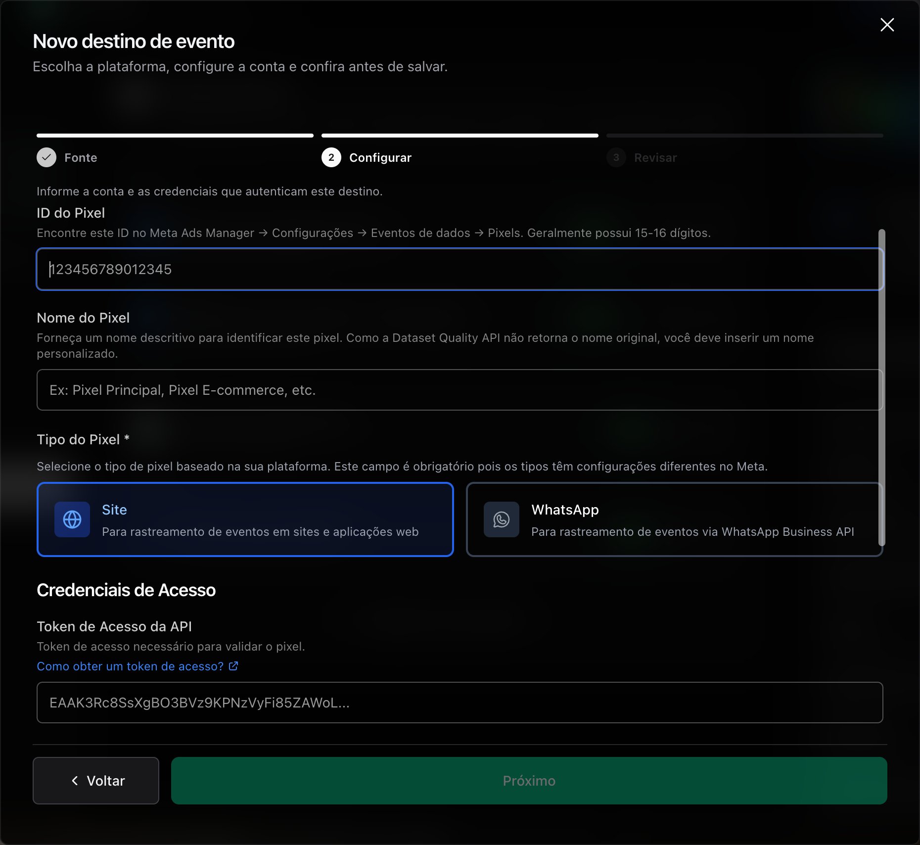 Passo Configurar do destino Meta com ID do Pixel, Nome do Pixel, Tipo do Pixel e Token de Acesso da API