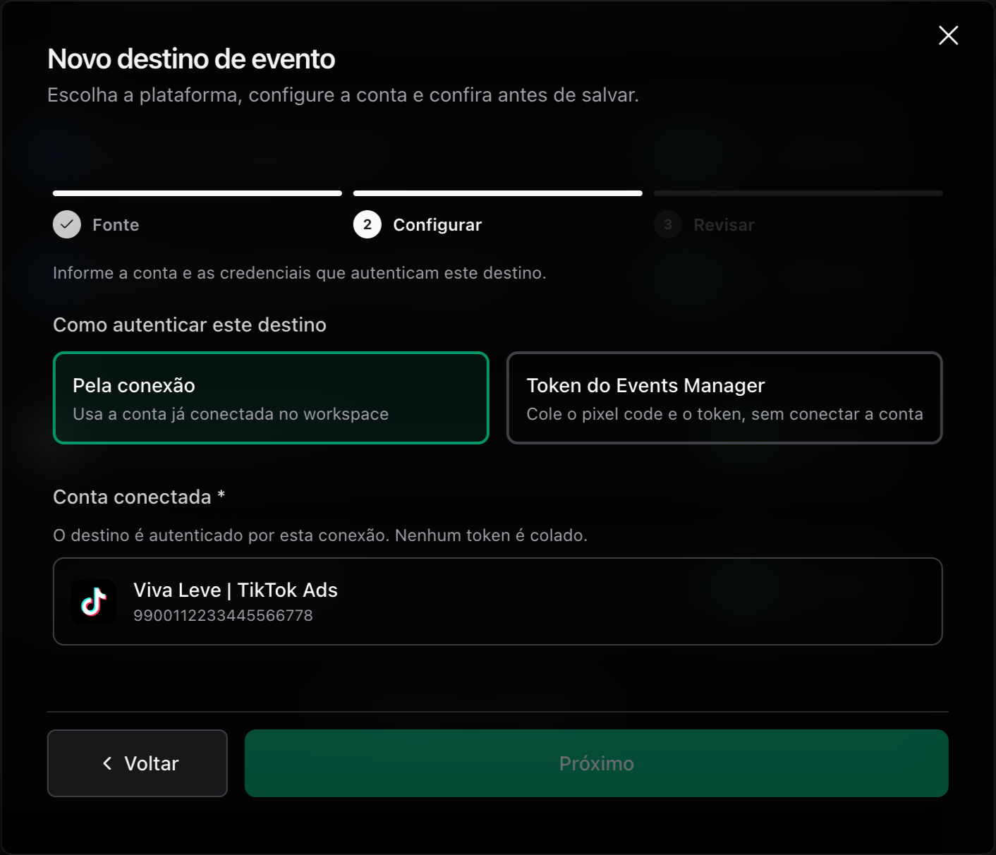 Passo Configurar do destino TikTok Ads com Pela conexão e a conta conectada
