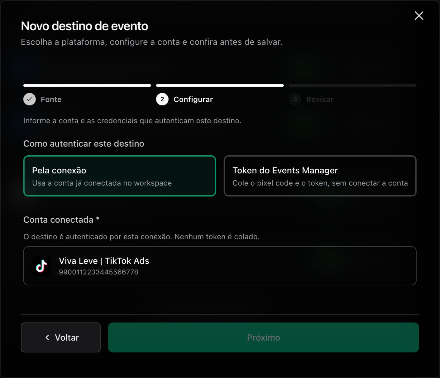 Passo Configurar do destino TikTok Ads com Pela conexão e a conta conectada