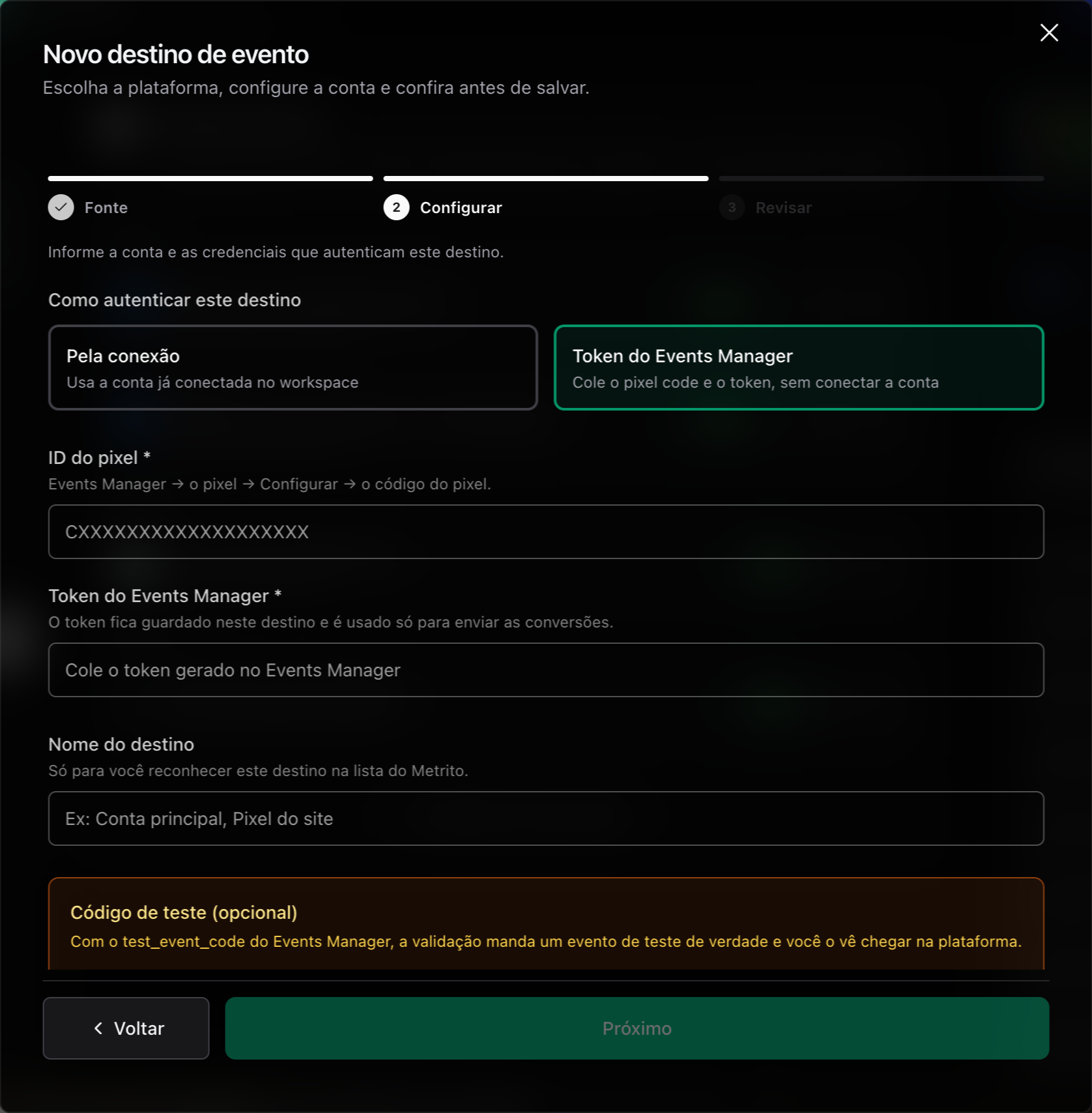 Passo Configurar do destino TikTok Ads no modo Token do Events Manager, com ID do pixel, token e código de teste