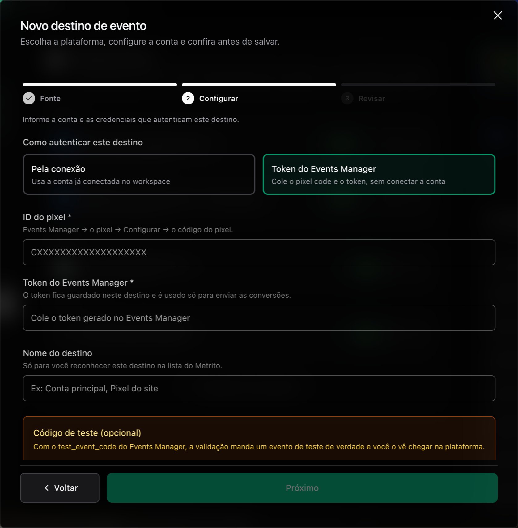 Passo Configurar do destino TikTok Ads no modo Token do Events Manager, com ID do pixel, token e código de teste