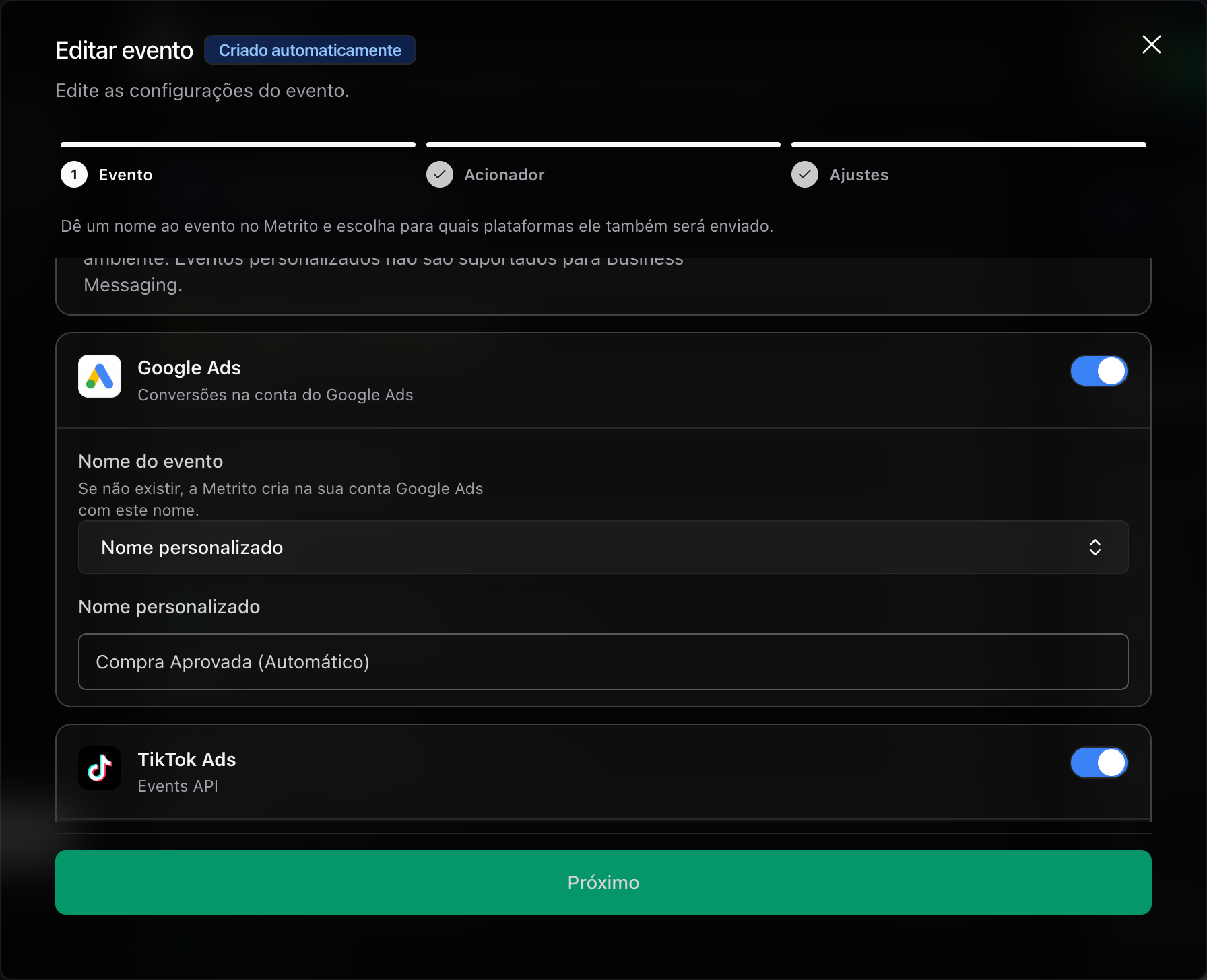 Assistente Editar evento com os cards Google Ads e TikTok Ads ligados