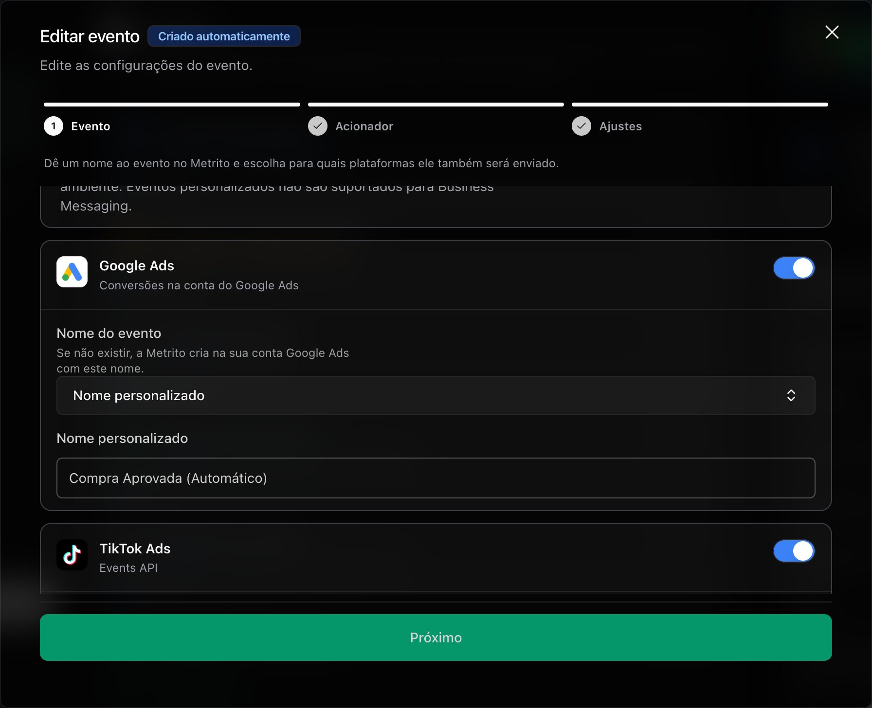 Assistente Editar evento com os cards Google Ads e TikTok Ads ligados