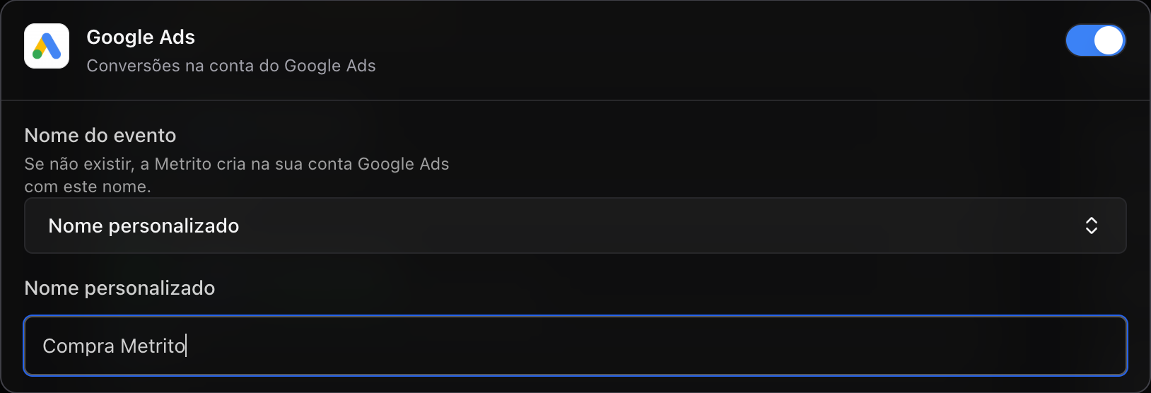 Card Google Ads ligado no evento, com Nome personalizado Compra Metrito