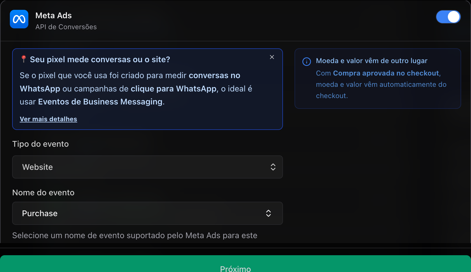 Card Meta Ads ligado no evento, com Tipo do evento Website e Nome do evento Purchase