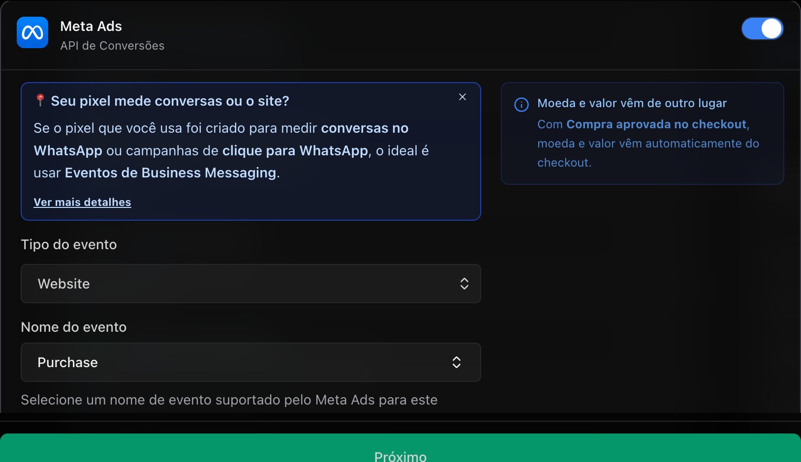 Card Meta Ads ligado no evento, com Tipo do evento Website e Nome do evento Purchase