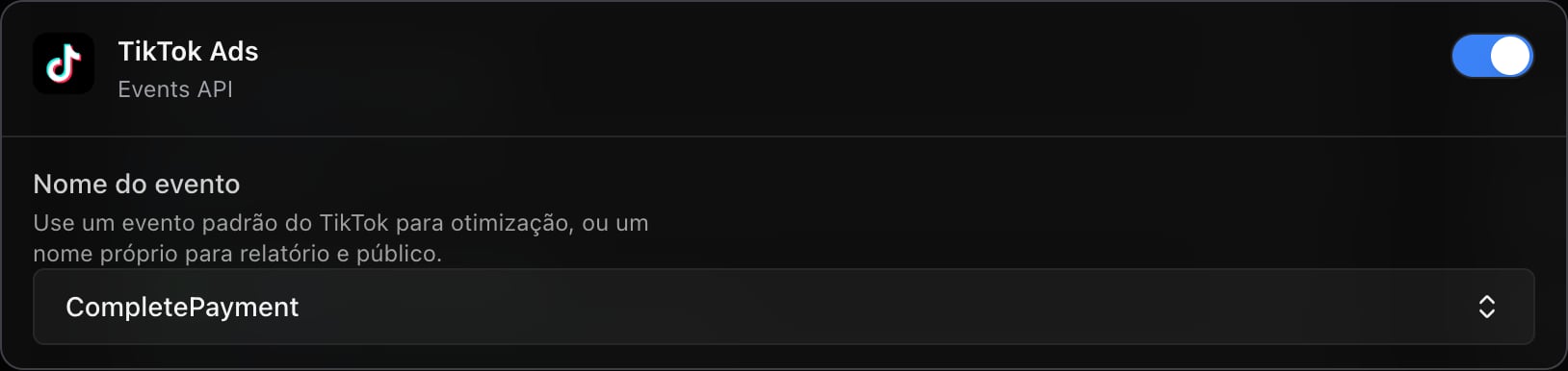 Card TikTok Ads ligado no evento, com Nome do evento CompletePayment