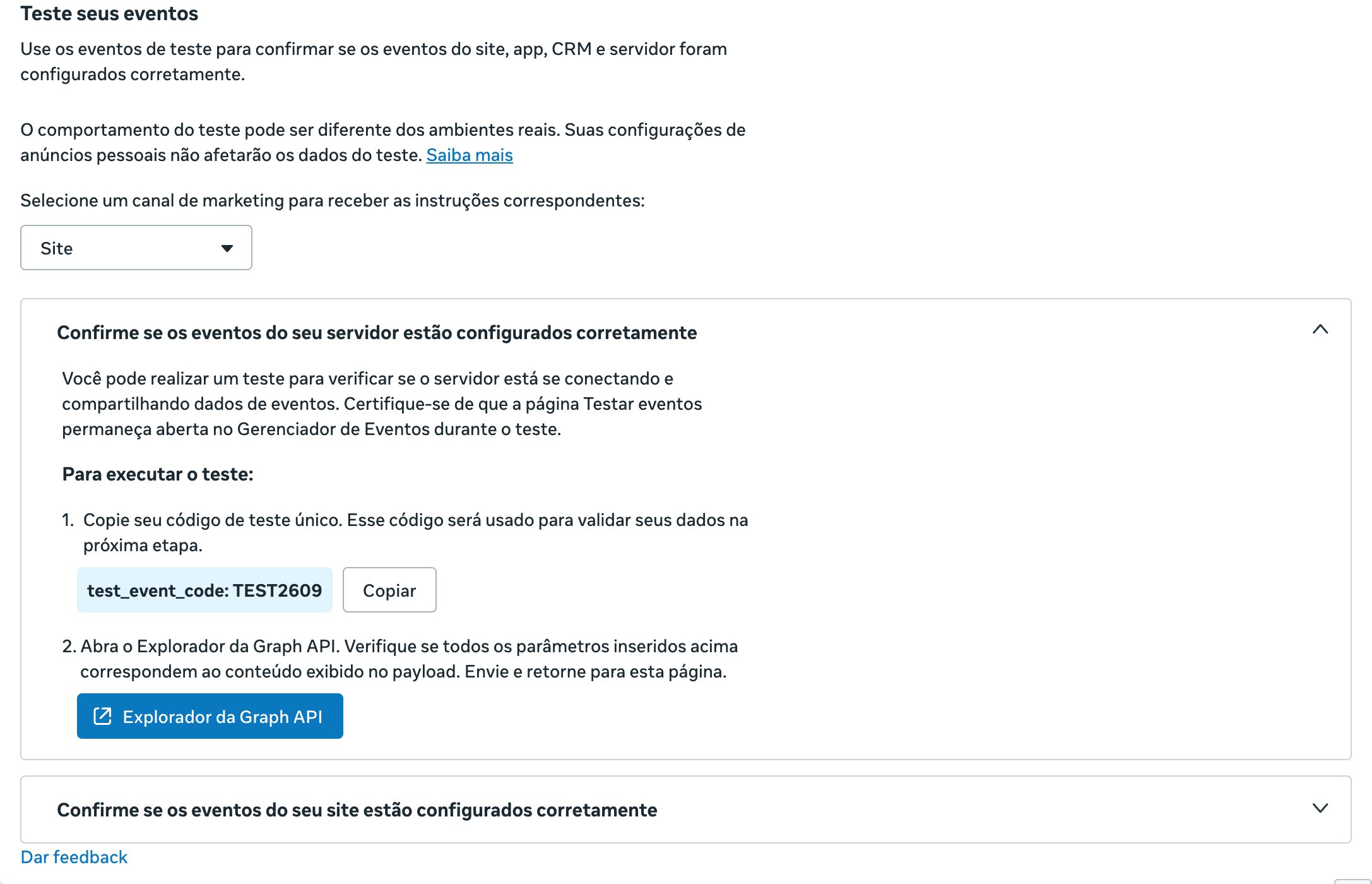 Aba Eventos de teste da Meta mostrando o test_event_code