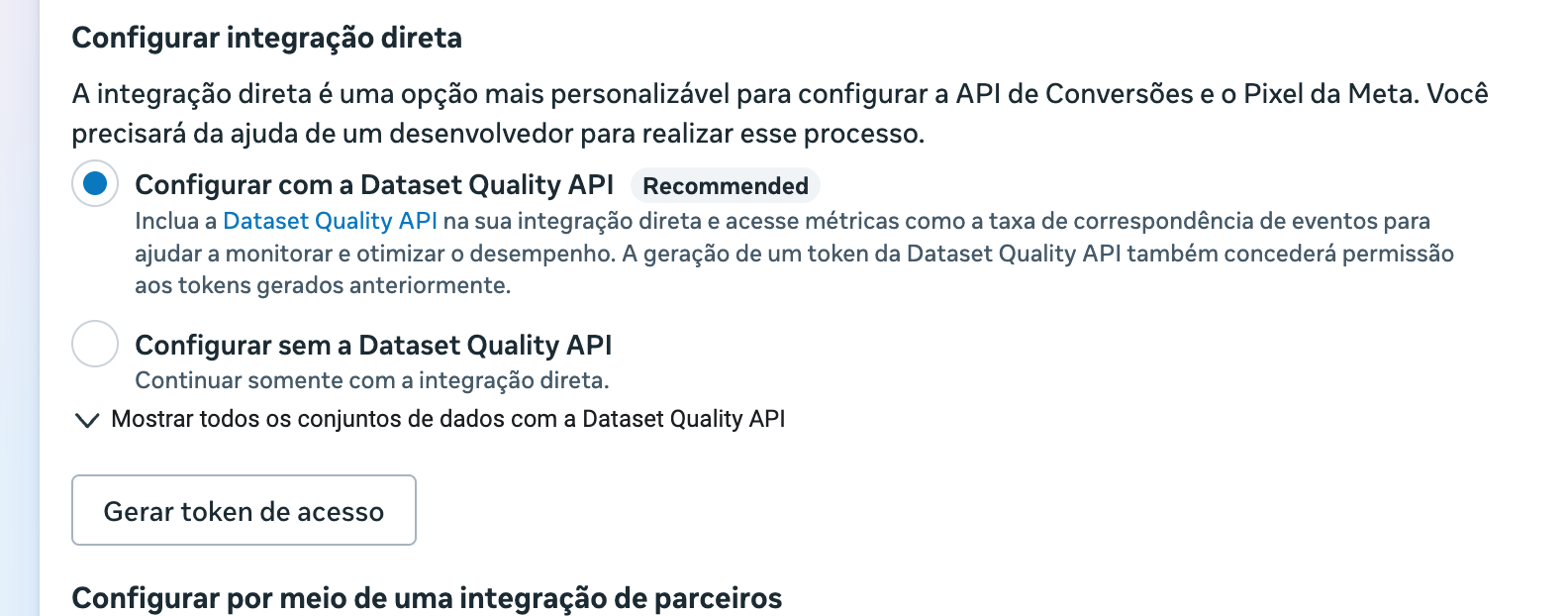 Seção Configurar integração direta no Gerenciador de Eventos da Meta, com o botão Gerar token de acesso
