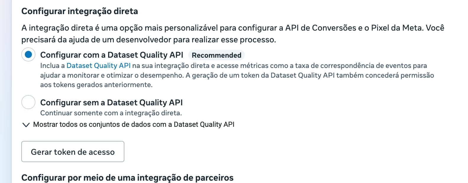 Seção Configurar integração direta no Gerenciador de Eventos da Meta, com o botão Gerar token de acesso