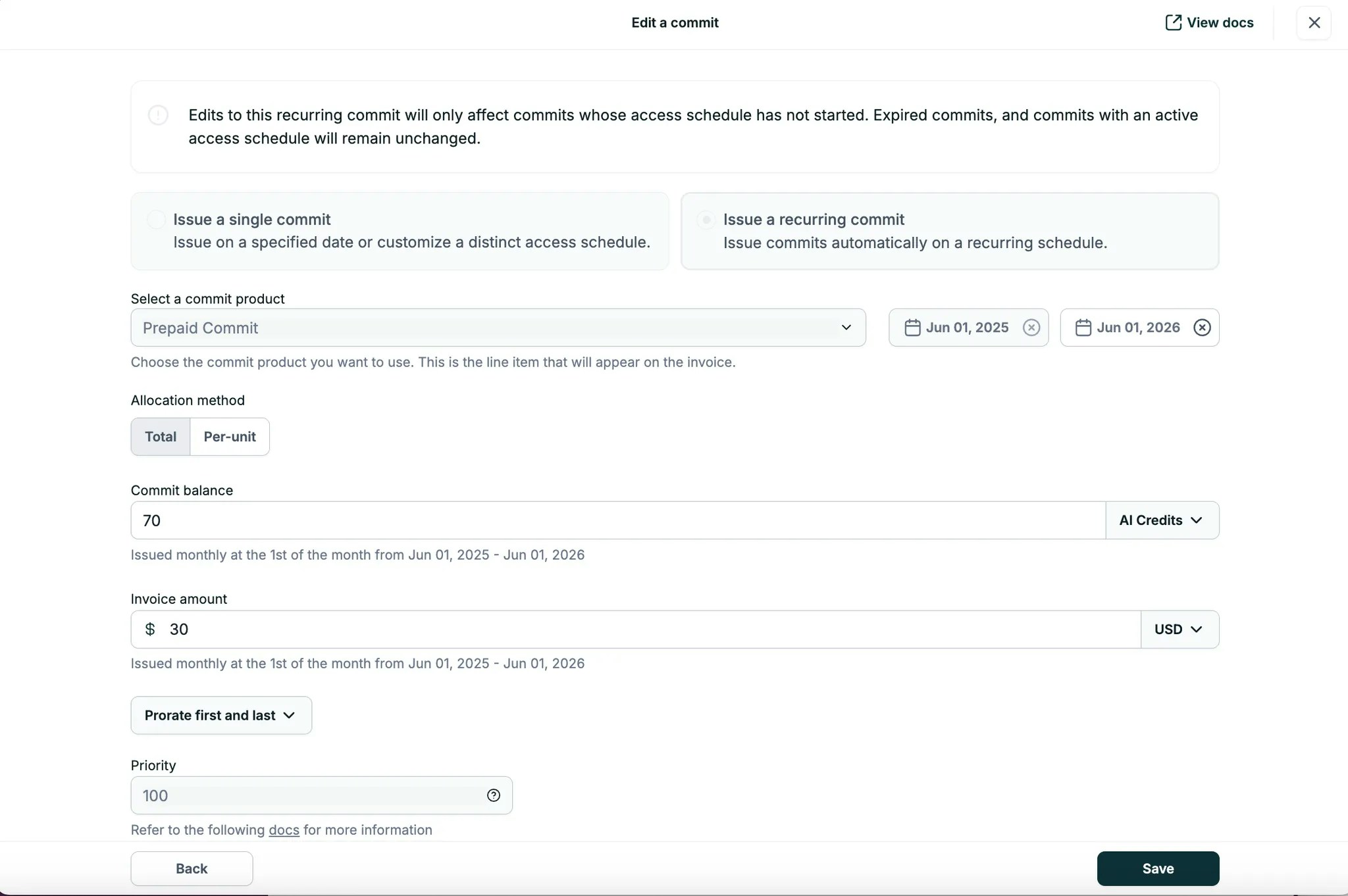 Edit recurring commits and credits