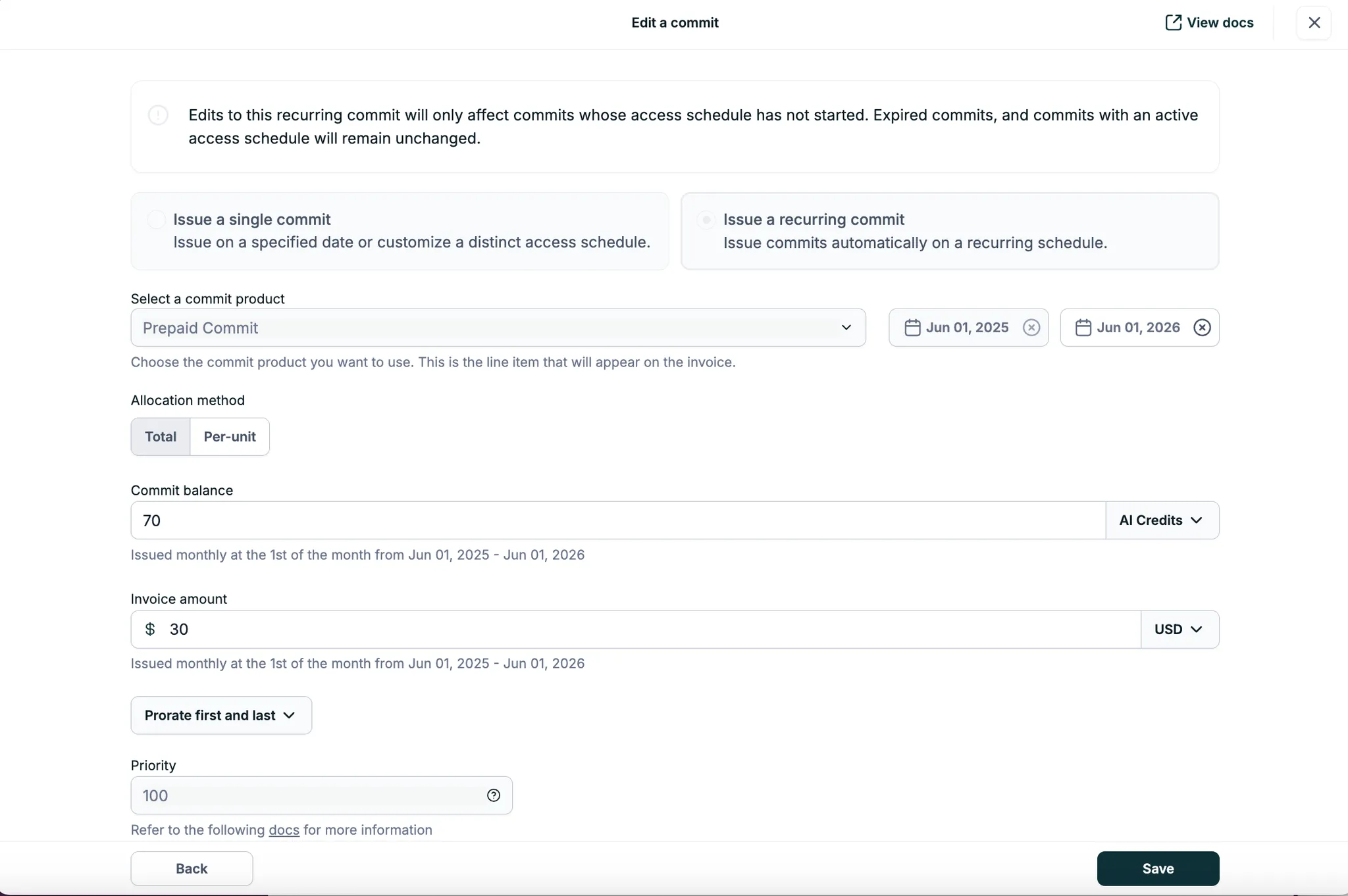 Edit recurring commits and credits
