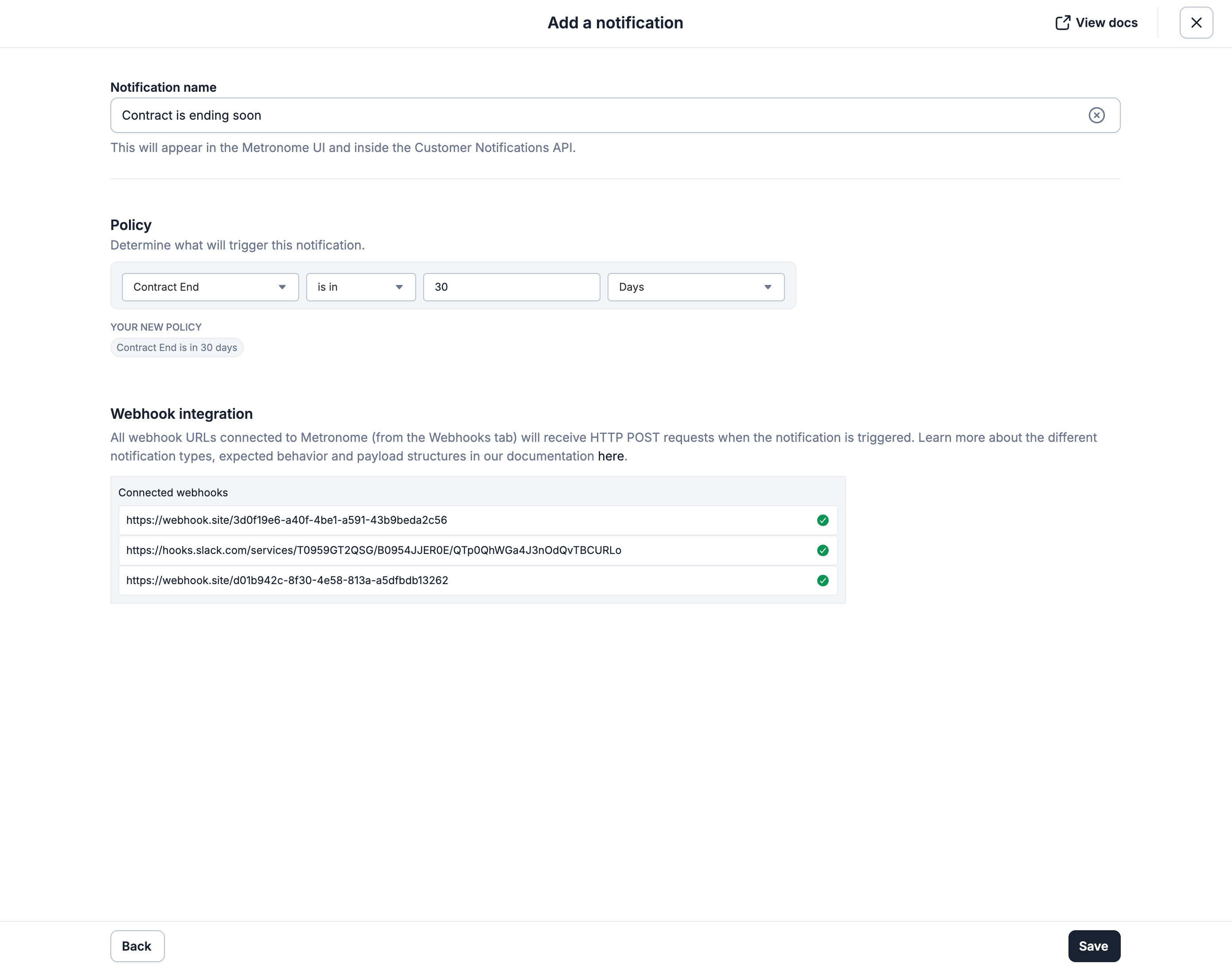 Create offset notification interface showing contract end notification configuration