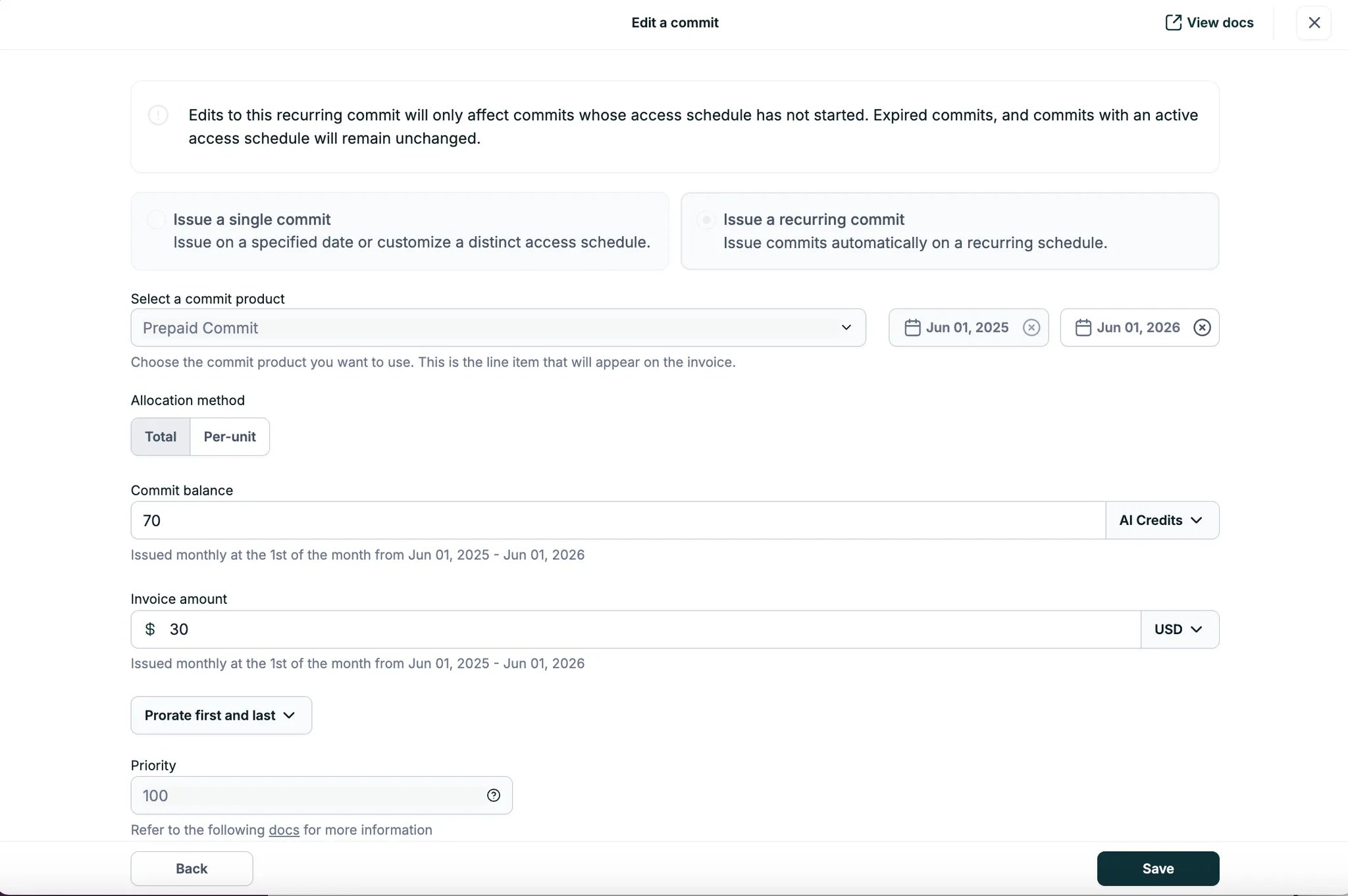 Edit recurring commits and credits
