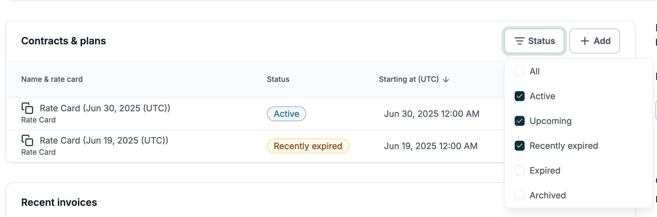 Filter Preferences Contracts Plans Table