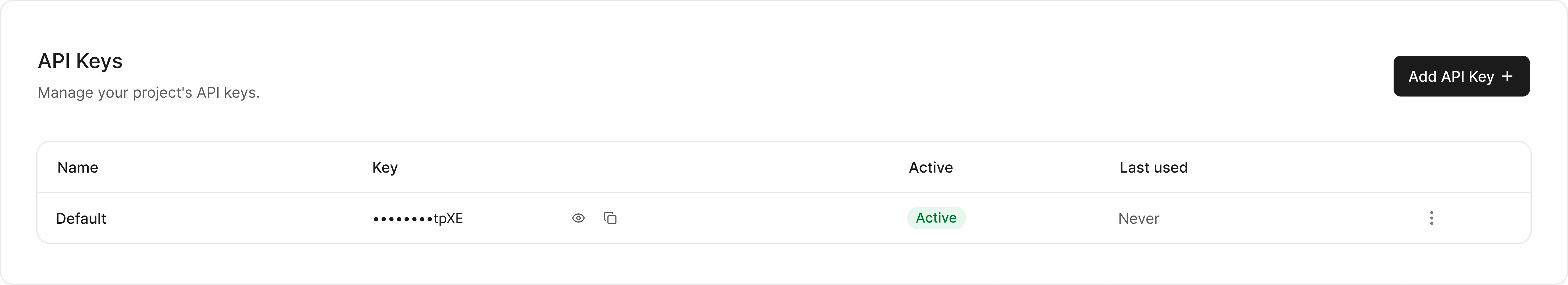 The API keys table in project settings