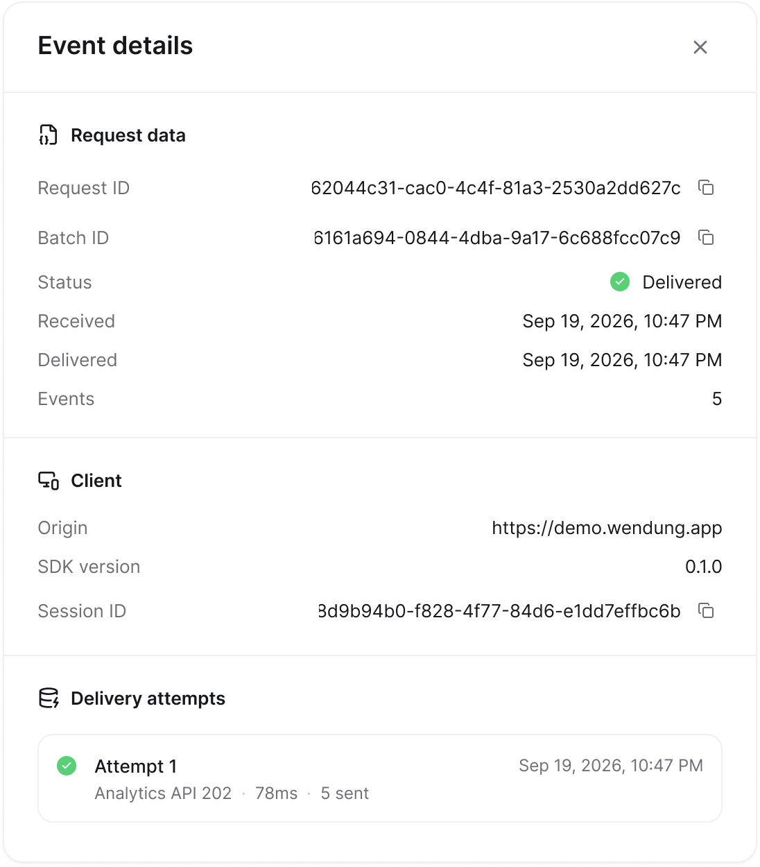 The request details drawer with request, client, and payload data