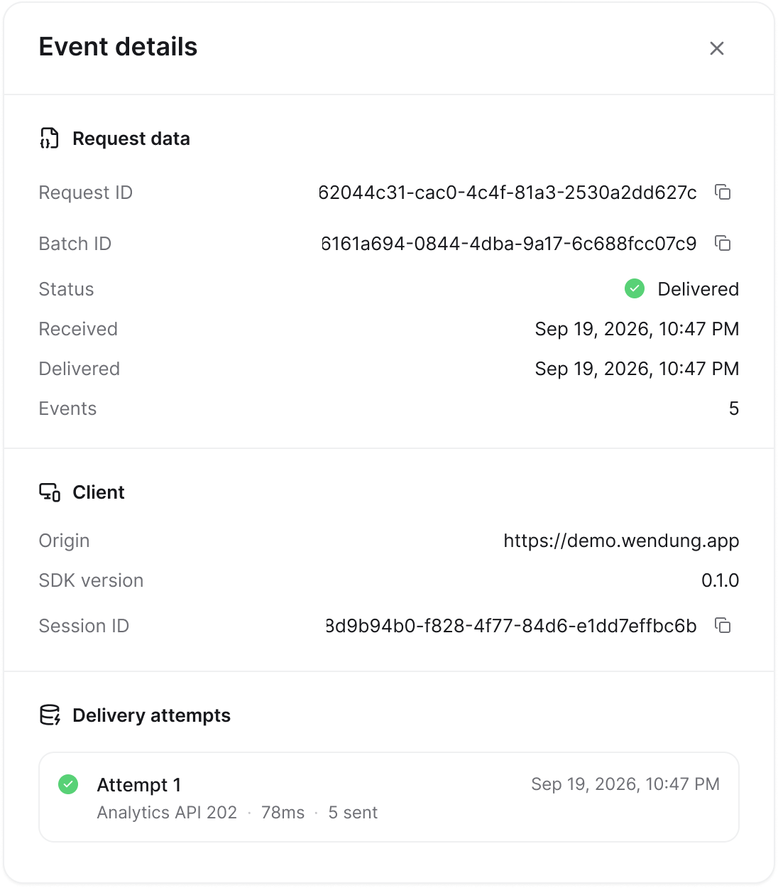 The request details drawer with request, client, and payload data
