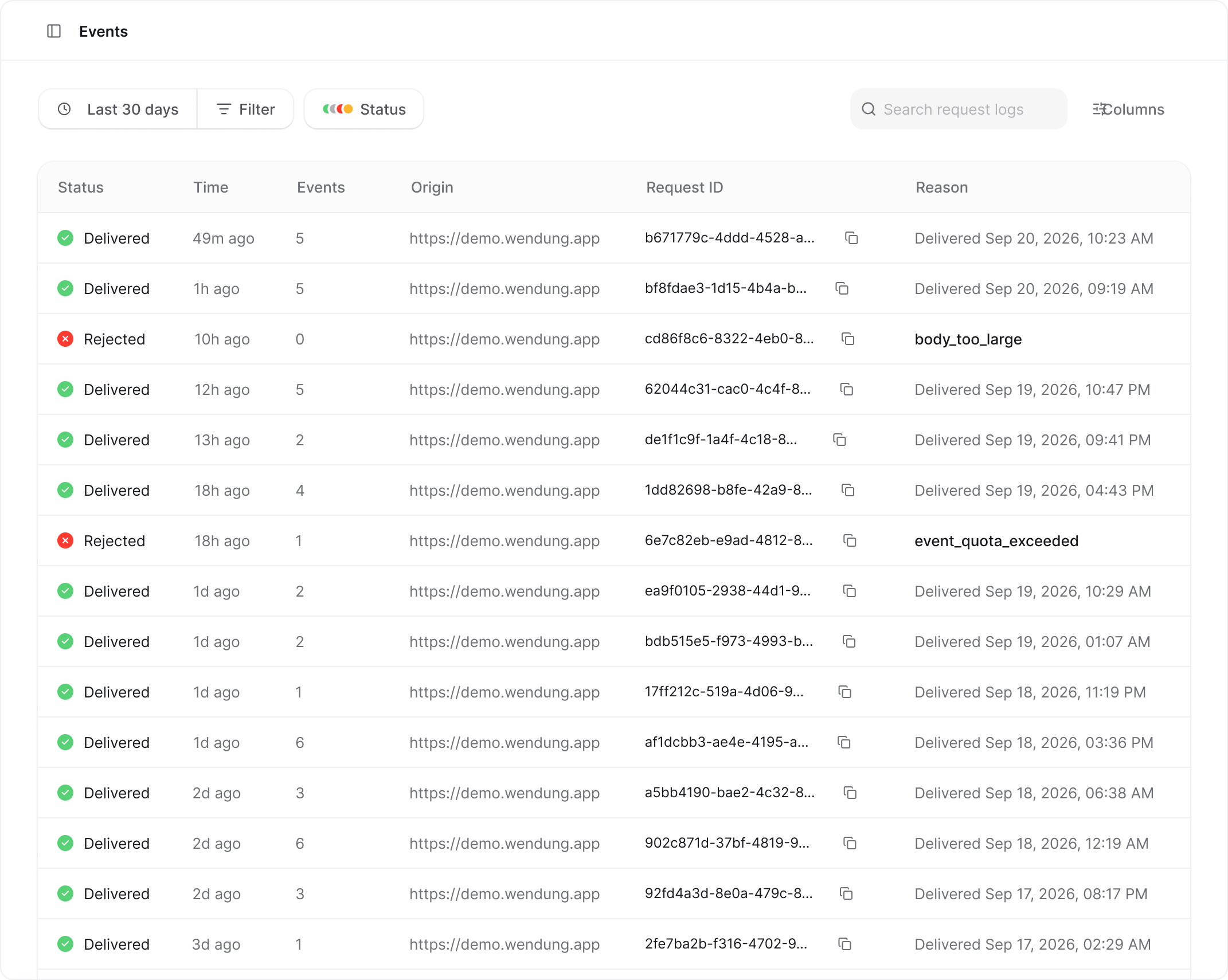 The Events page with the request log