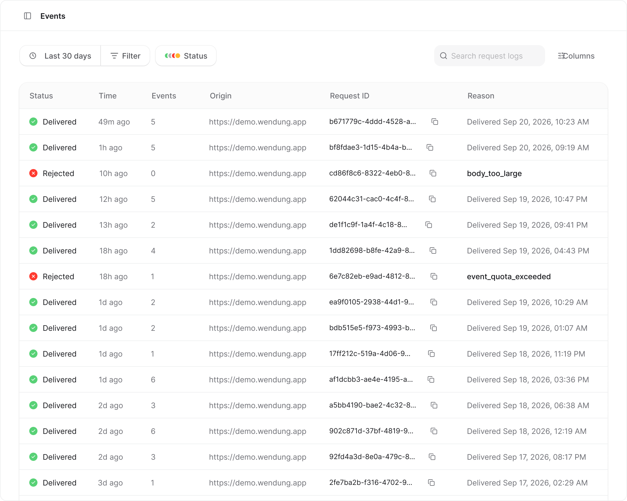 The Events page with the request log