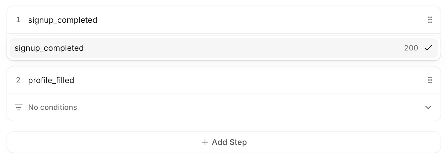 Event autocomplete in the funnel builder